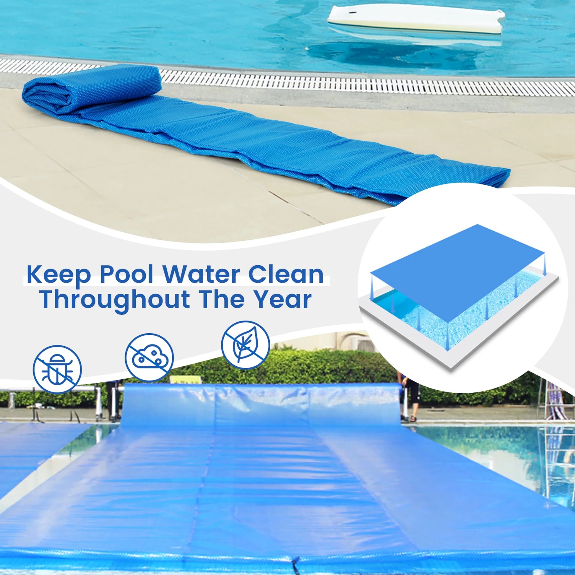 Costway 16x32 ft Rectangular Pool Solar Cover 12 Mil Heat Retaining Blanket with Carry Bag