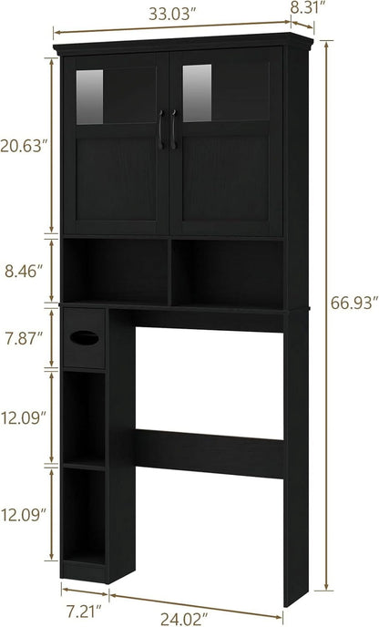 Over The Toilet Storage Cabinet, Storage Cabinet Over Toilet with Double Doors & Toilet Paper Holder Stand, Freestanding Toilet Shelf Space Saver with Anti-Tip Design & Adjustable Shelf, Black