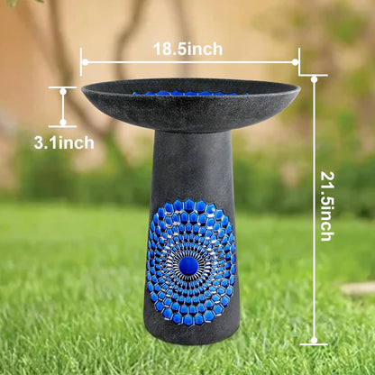 BUYMAX Tall Ceramic Bird Bath for Garden, UV-Resistant, Diamond Blue Grey