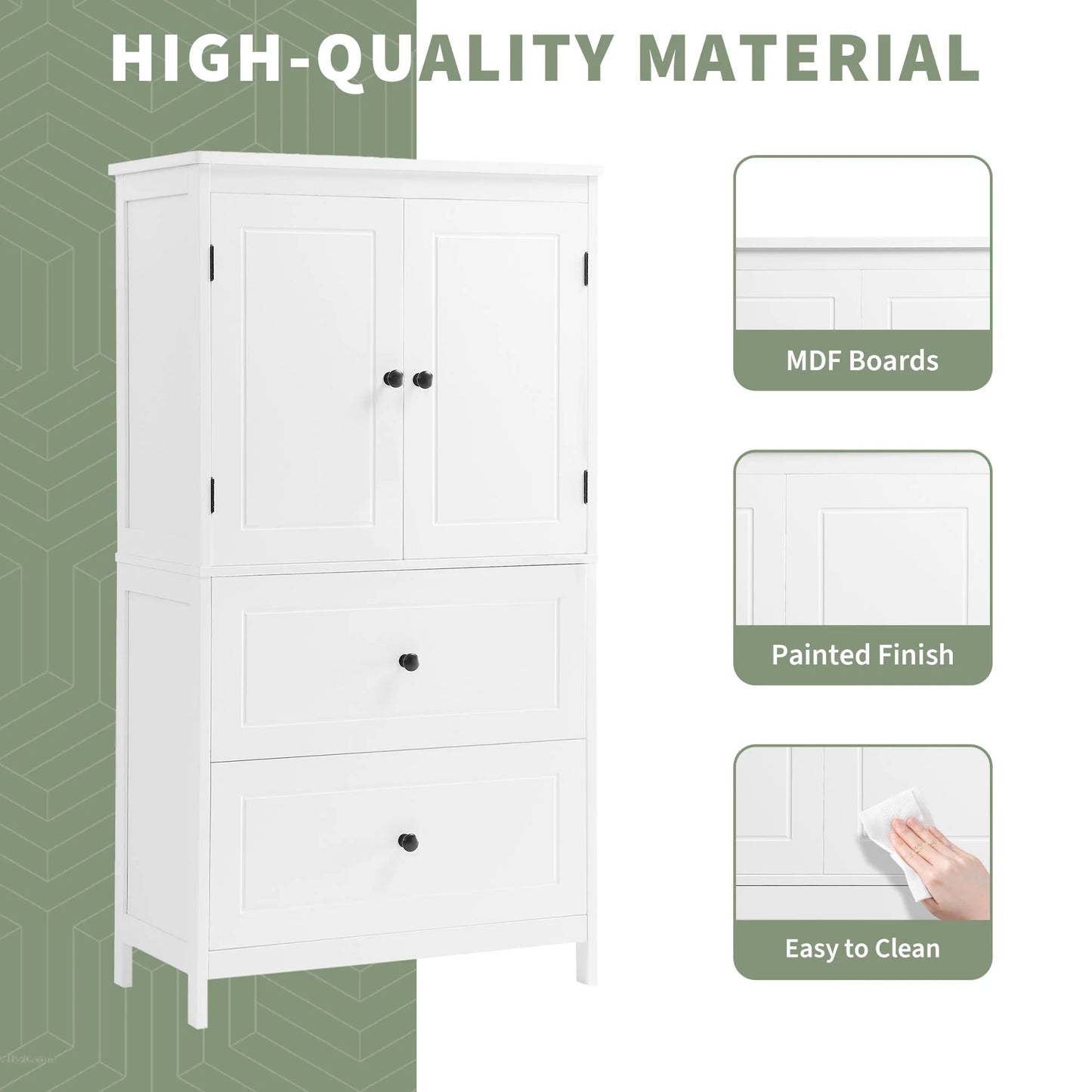 Aukfa 43.3" Tall Wood Storage Cabinet with Two Doors and Adjustable Shelves for Bathroom Kitchen, White