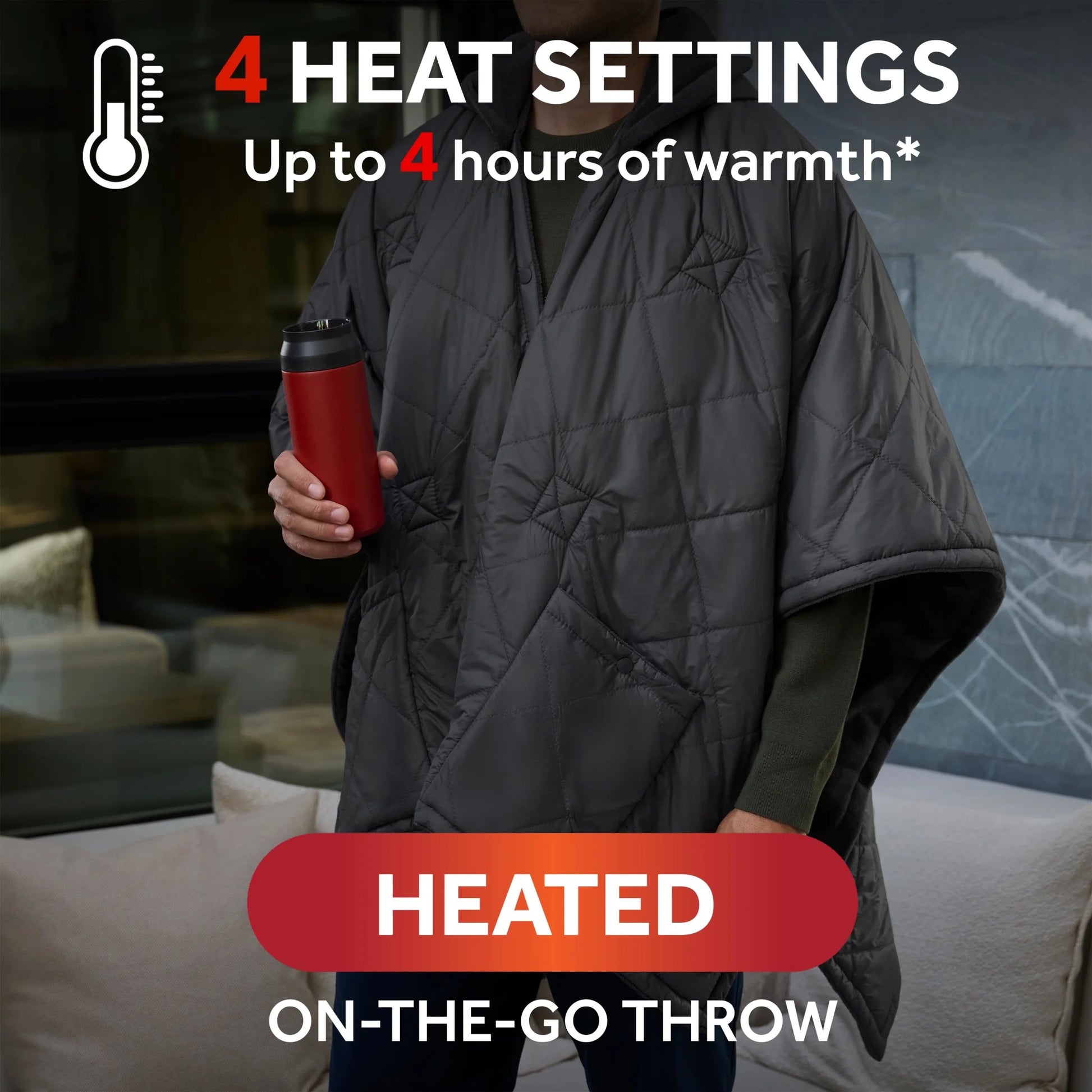 Sunbeam On-the-Go Cordless Heated Throw Blanket with Hood Black Nylon/Microplush 50x66