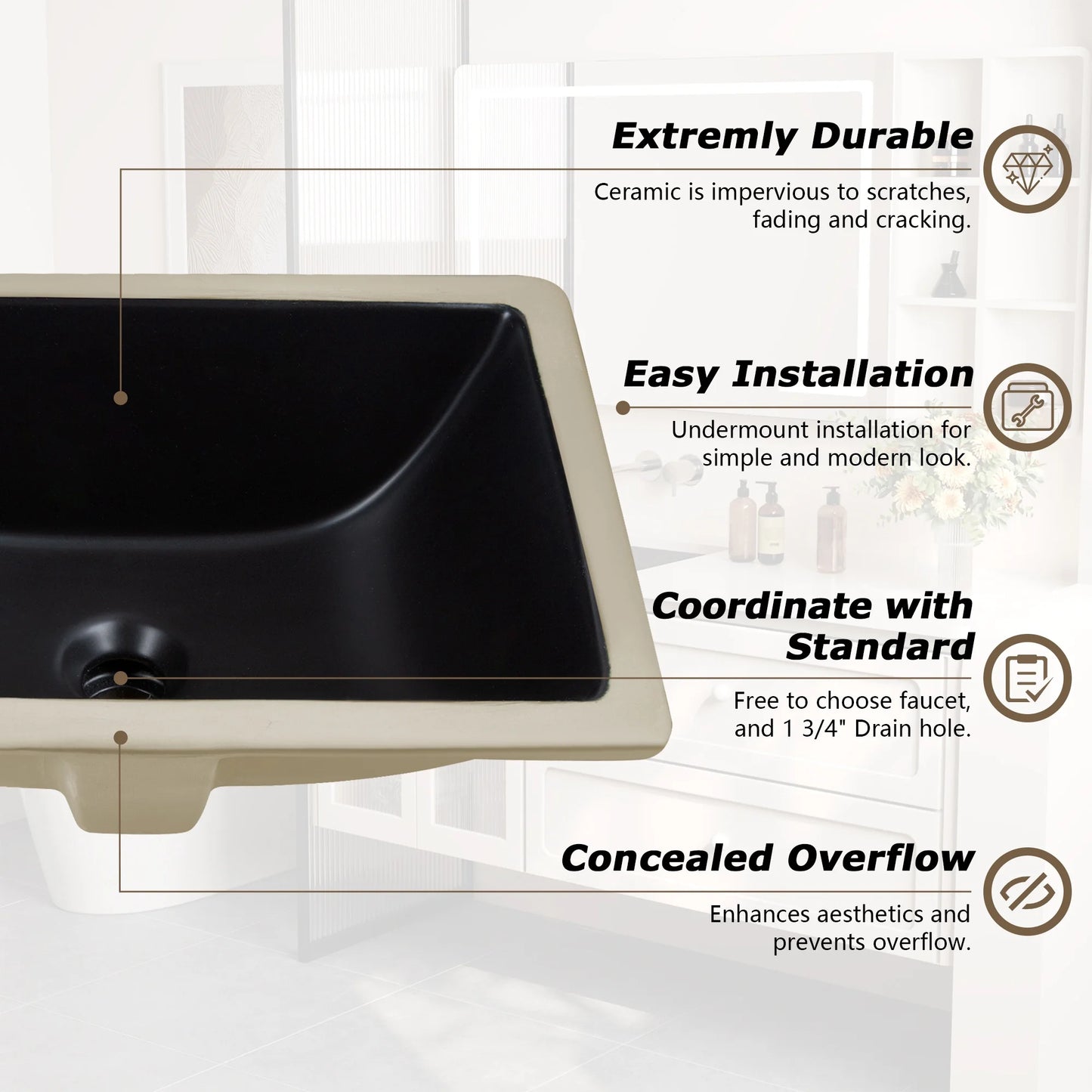 DV-1U306B DeerValley Ursa Undermount Bathroom Sink 18" X 13" Rectangular Vitreous China with Overflow