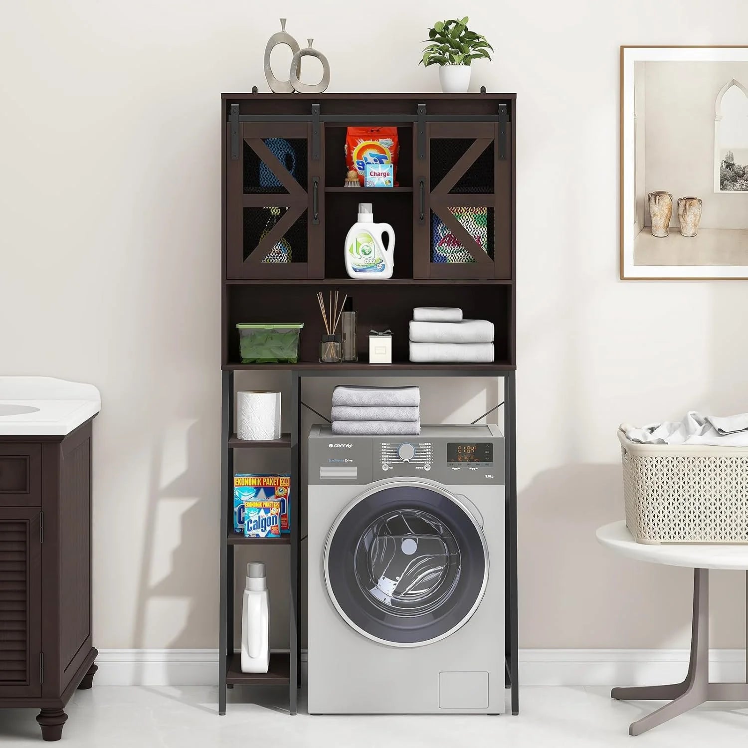 Vabches Over The Toilet Storage Cabinet with Toilet Paper Holder Stand, Above Toilet with Adjustable Shelf & 2 Doors