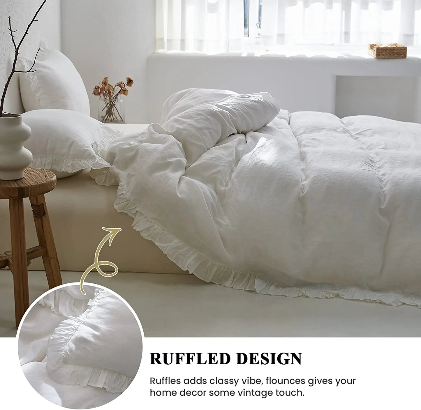 Simple& Opulence 100% Washed Linen Duvet Cover Set-3 Pieces Shabby Chic Premium Ruffled Bedding with 1 Comforter Cover and 2 Pillowshams France Flax High End Frill Sets Vintage Style(King, White)