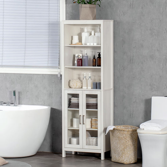 kleankin Tall Bathroom Storage Cabinet with 3 Tier Shelf, Glass Door Cabinet, Freestanding Linen Tower with Adjustable Shelves, Antique White