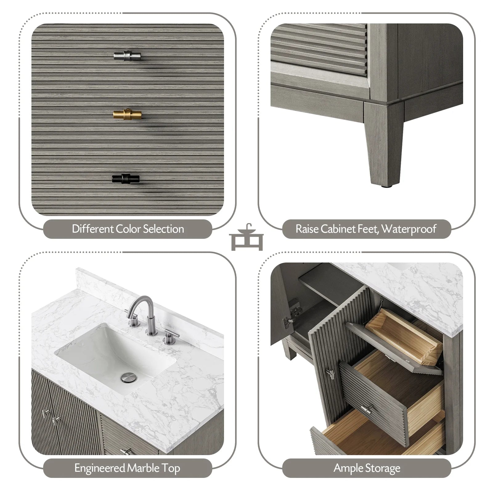 Vanity Art 42" Bathroom Vanity with Sink and Engineered Marble Top, Freestanding Storage Cabinet with 2 Drawers, 1 Shelf and Flip Down Tray