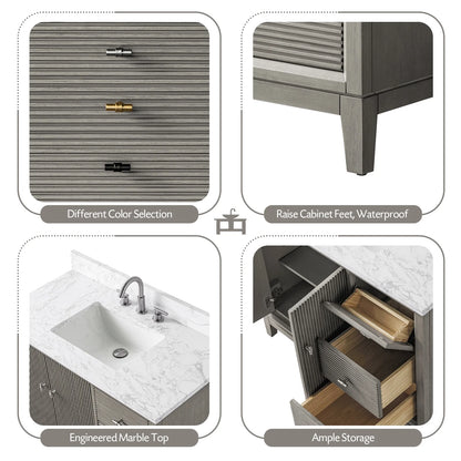 Vanity Art 42" Bathroom Vanity with Sink and Engineered Marble Top, Freestanding Storage Cabinet with 2 Drawers, 1 Shelf and Flip Down Tray