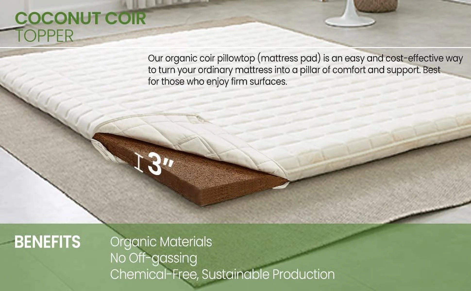 Palmpring Organic Mattress 3 Inch Mattress Topper Pillow Topper - Organic Coconut Coir Cotton Wool 3 Inch Pad Pillowtop Firm Bed Comfort Sleep Body Support(KING)