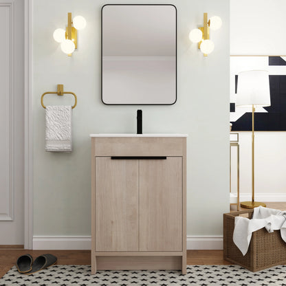 BNK 24/30/36 inch Freestanding Single Sink Bathroom Vanity with Soft Close Door and 1 adjustable shelf 24"W x 18.3"D x 35"H - Plain Light Oak
