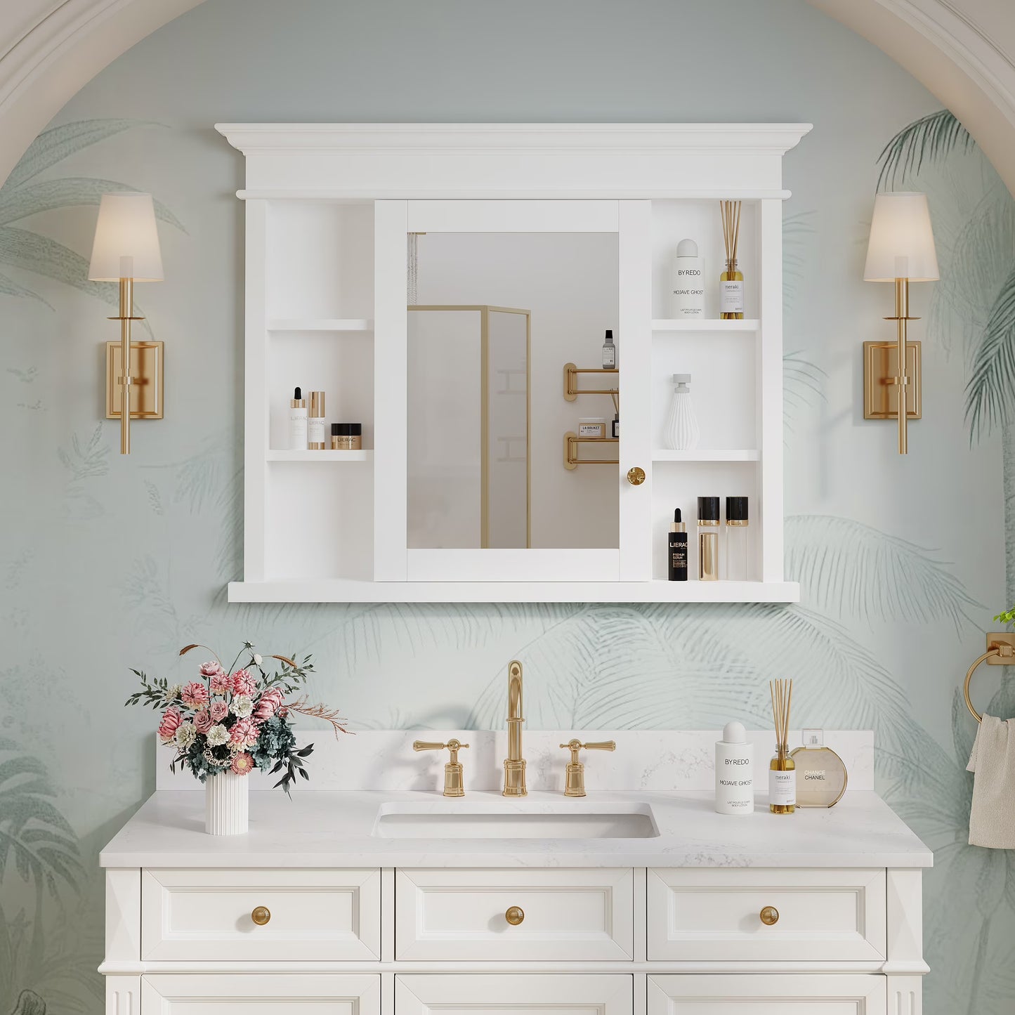 FORCLOVER 40"x 32" Bathroom Medicine Cabinet with 3 Adjustable Shelves, Recessed Mount Wooden Medicine Cabinet Storage with Mirrors and Soft-Close Door, White