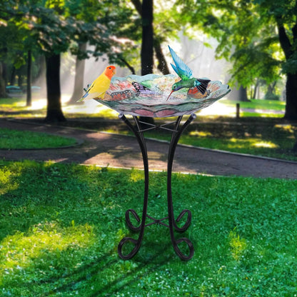 Glass Birdbath with Metal Stand Outdoor for Lawn Yard Garden Butterfly Decor, 18” Dia 21.65” Height