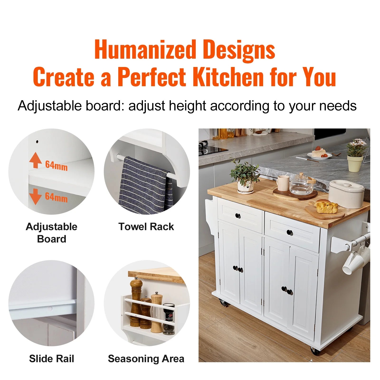 BENTISM 35.4" Kitchen Island on Wheels Cart Rubber Solid Wood Countertop Rolling Storage Cabinet with 2 Drawers & Spice Rack & Towel Holder, White