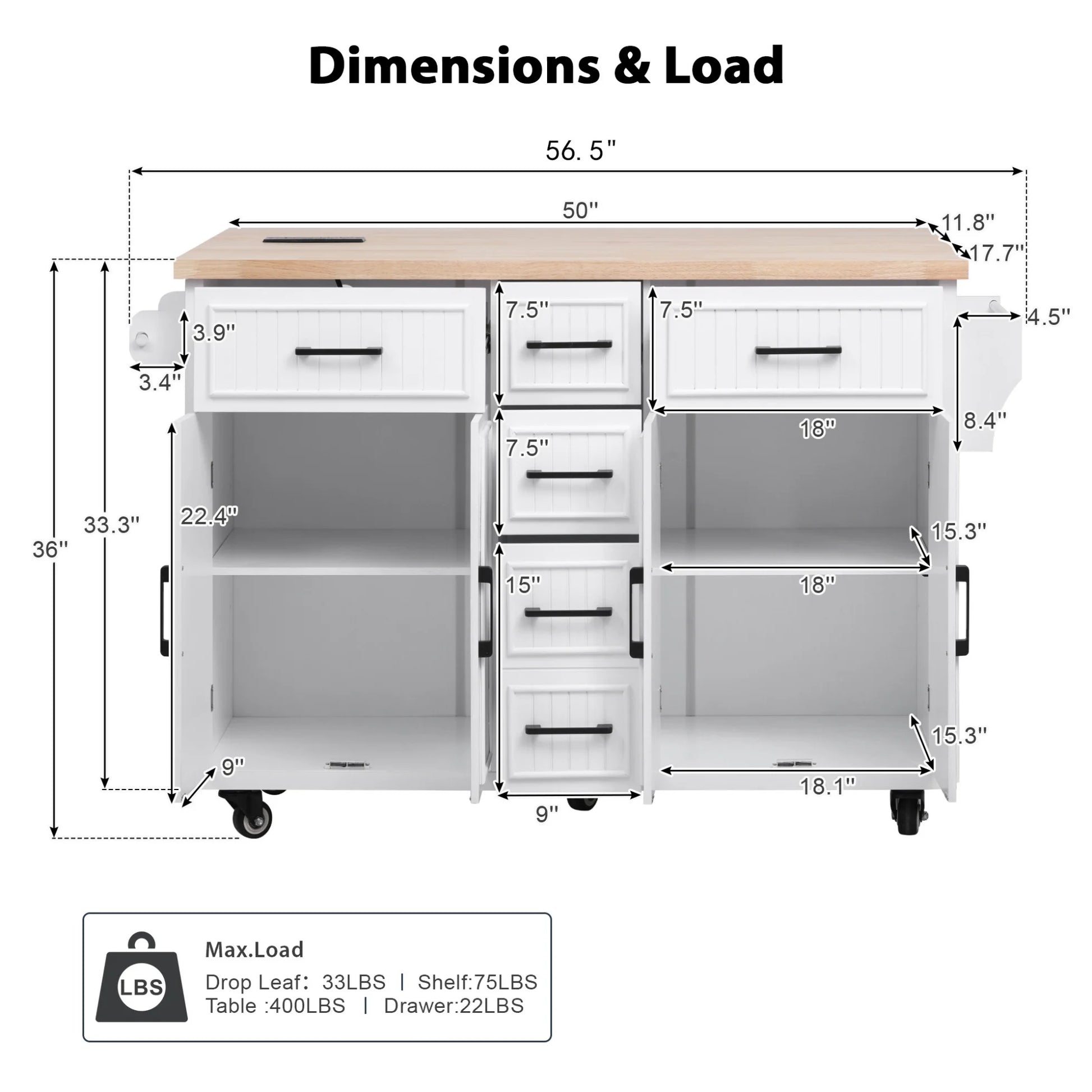 Kitchen Island with Storage, Rolling Kitchen Island on Wheels with Charging Station, Kitchen Cart Island Table with Drop Leaf, Drawers, Cabinets, Spice Rack, Towel Rack, Black