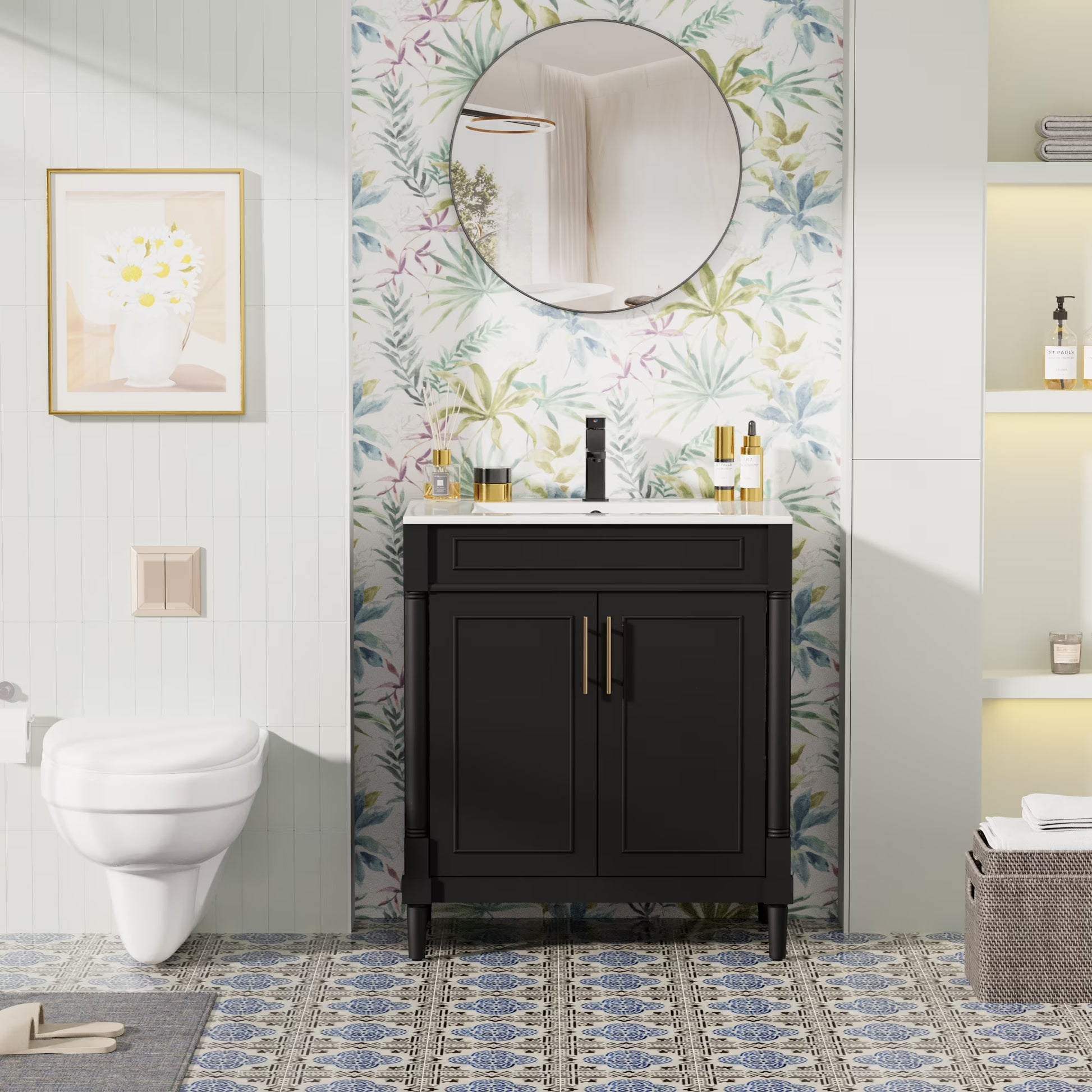 30" Freestanding Bathroom Vanity with Ceramic Sink Top, Faucet, Classic Tapered legs