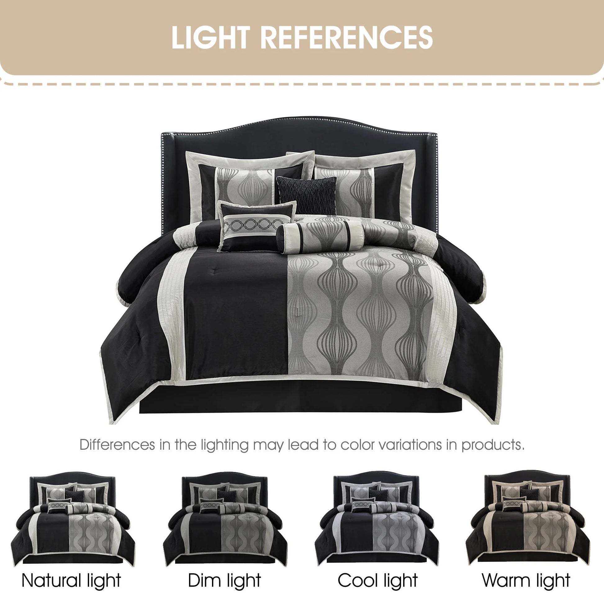 Lanco Black Silver Comforter Set , California King Size , 7 Pieces Fashion Jacquard Bedding Set