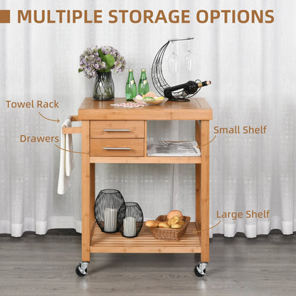 HomCom Bamboo Rolling Kitchen Island Trolley Utility Cart on Wheels, 2 Storage Drawers and Adjustable Shelving with Towel Rack
