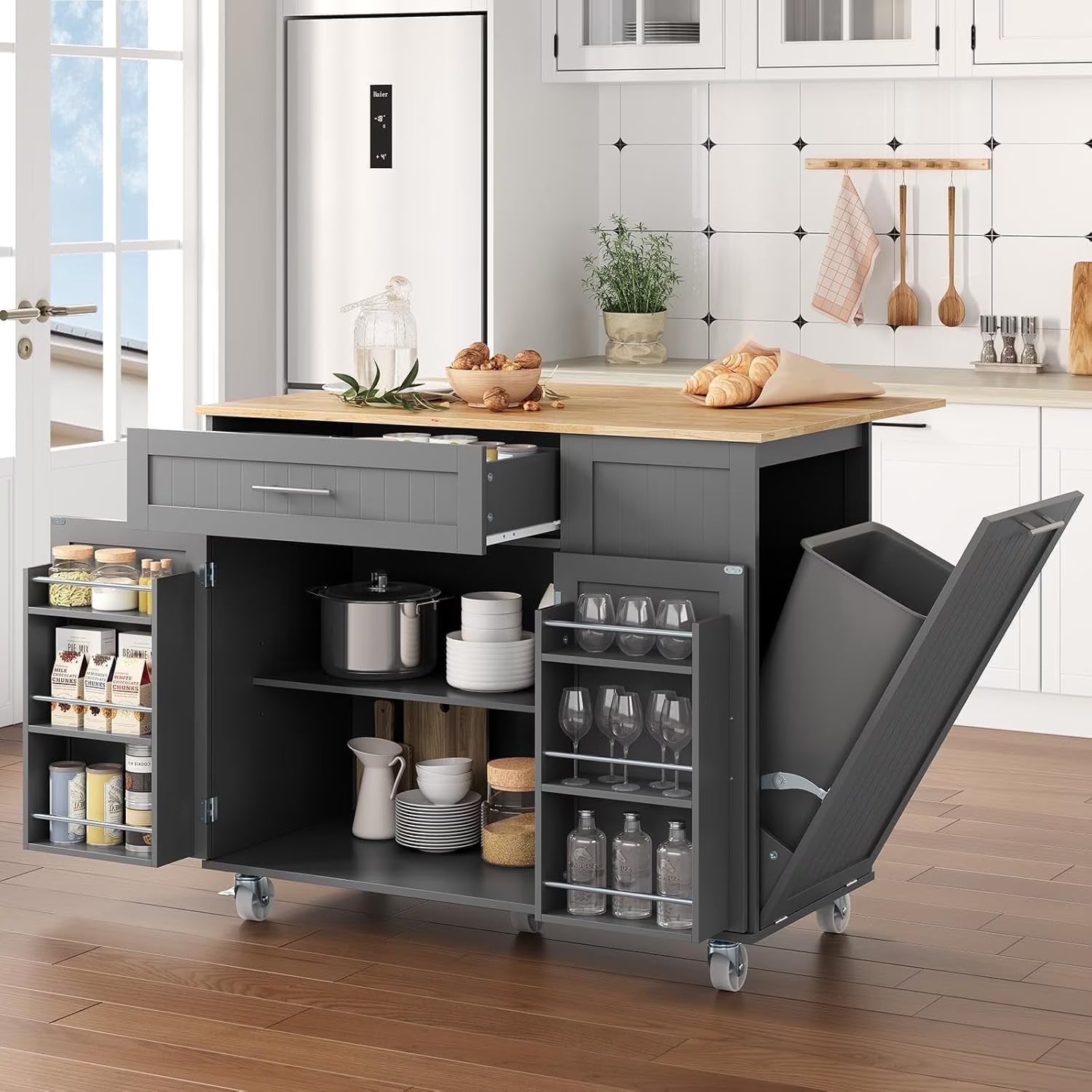 SELOOYE Kitchen Island Cart with Storage, Rolling Side Table, Large Worktop, Cabinet, Towel Rack, Drawers