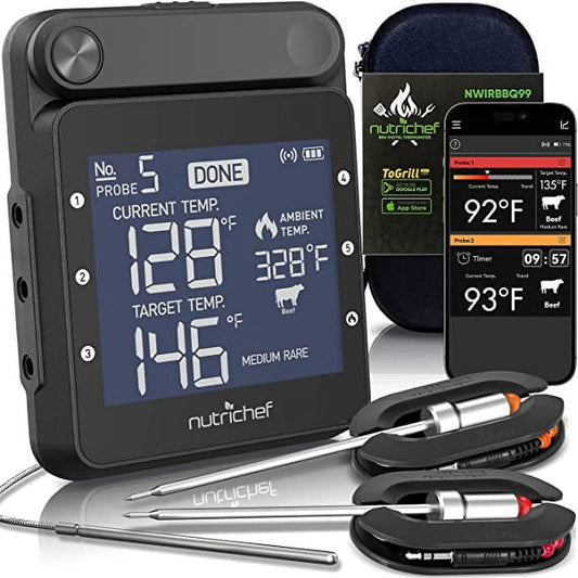 NutriChef Wi-Fi Grill Meat Thermometer Wireless Dual Smart Probes, Alarm Indoor from Outdoor, Black