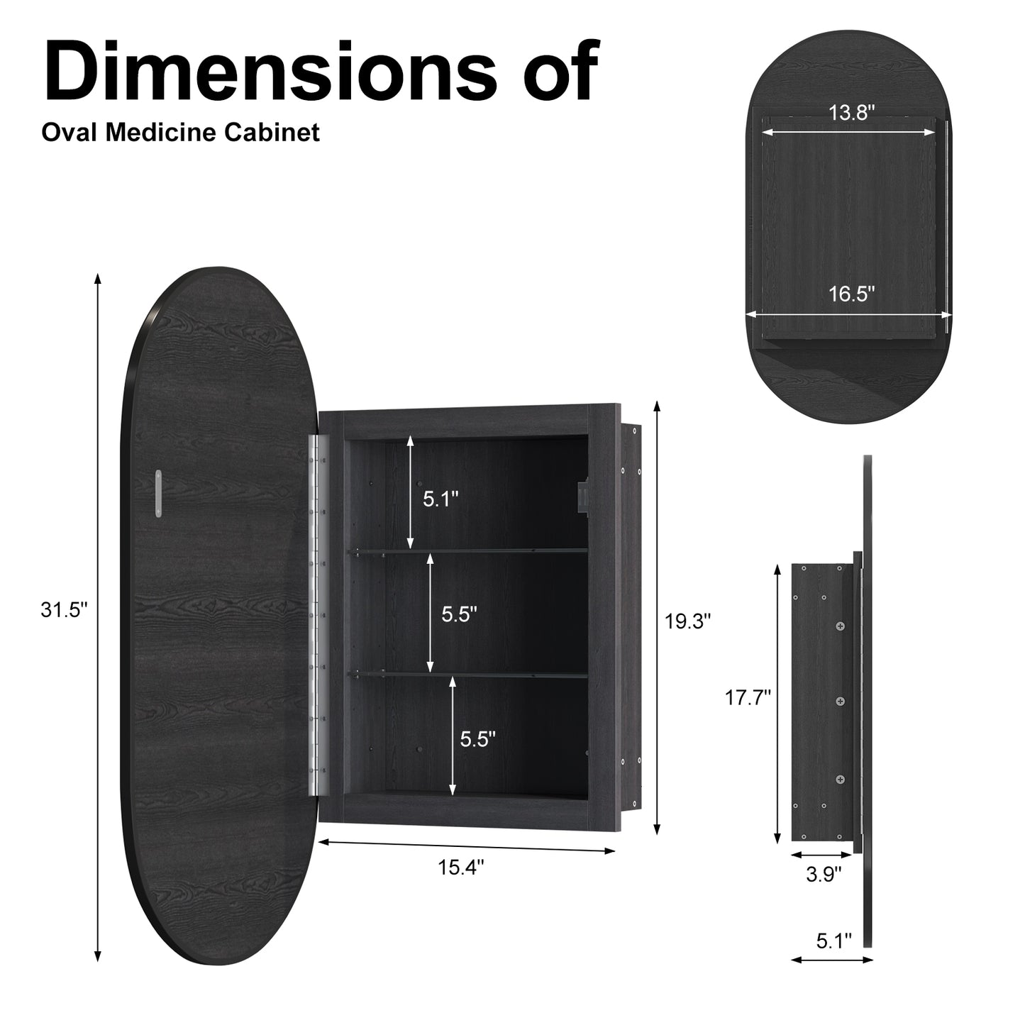 Hironpal Recessed or Wall Mounted 3 Color LED Oval Medicine Cabinet with 17x32 Inch Mirror for Bathroom,Black