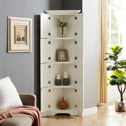 Royard Oaktree 72" Tall Corner Cabinet with 8 Doors and 4 Storage Shelves, Freestanding Bathroom Storage Cabinet, 4-tier Kitchen Pantry Storage Cabinet for Bathroom, Living Room, Office (Black)