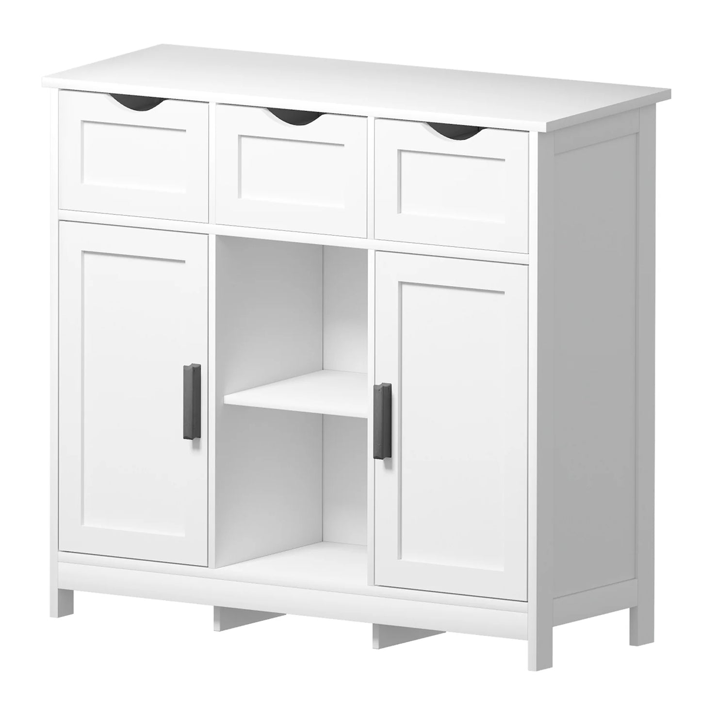 PORKISS White Floor Storage Cabinet, Wood Accent Cabinet with Drawers and Adjustable Shelves Storage, Modern Pantry Cabinet for Kitchen, Bathroom, Living Room