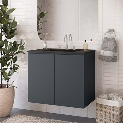 Sink Vanity Cabinet, Wall Mount, Grey Gray Black, Ceramic, Melamine, Modern Contemporary, Hotel Bedroom Bathroom Master Suite Guest