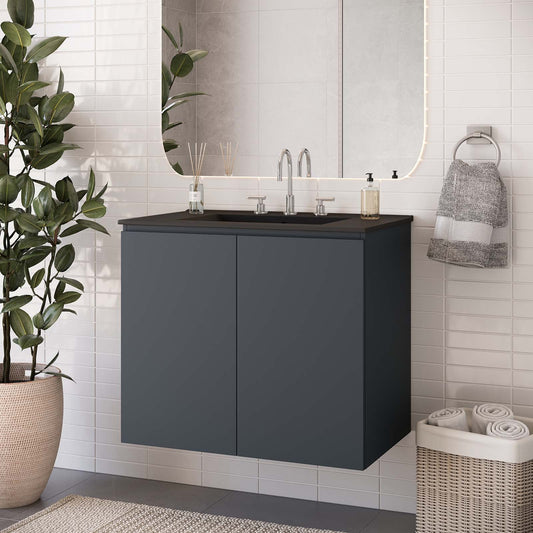 Sink Vanity Cabinet, Wall Mount, Grey Gray Black, Ceramic, Melamine, Modern Contemporary, Hotel Bedroom Bathroom Master Suite Guest
