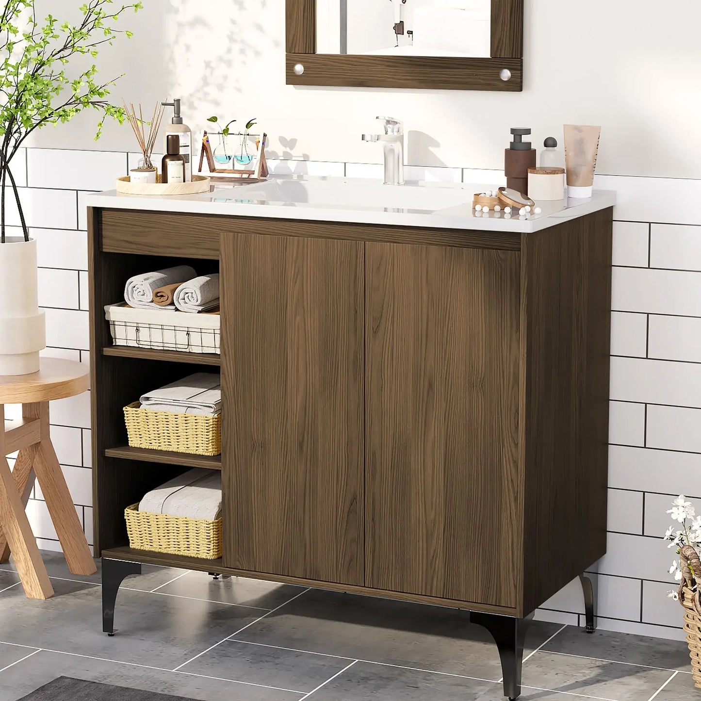 JUSTLET 36" Bathroom Vanity with Sink, Wood Bathroom Vanity Cabinet with Adjustable Shelf and Metal Legs, Bathroom Storage Cabinet with Resin Basin for Bathroom, Natural
