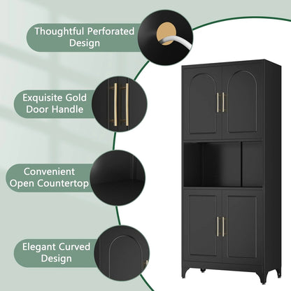 75" Metal Kitchen Pantry Storage Cabinet,Kitchen Hutch Food Pantry Cabinet with Microwave Stand,Freestanding Larder Cupboard with Doors and Adjustable Shelves for Bathroom, Living Room