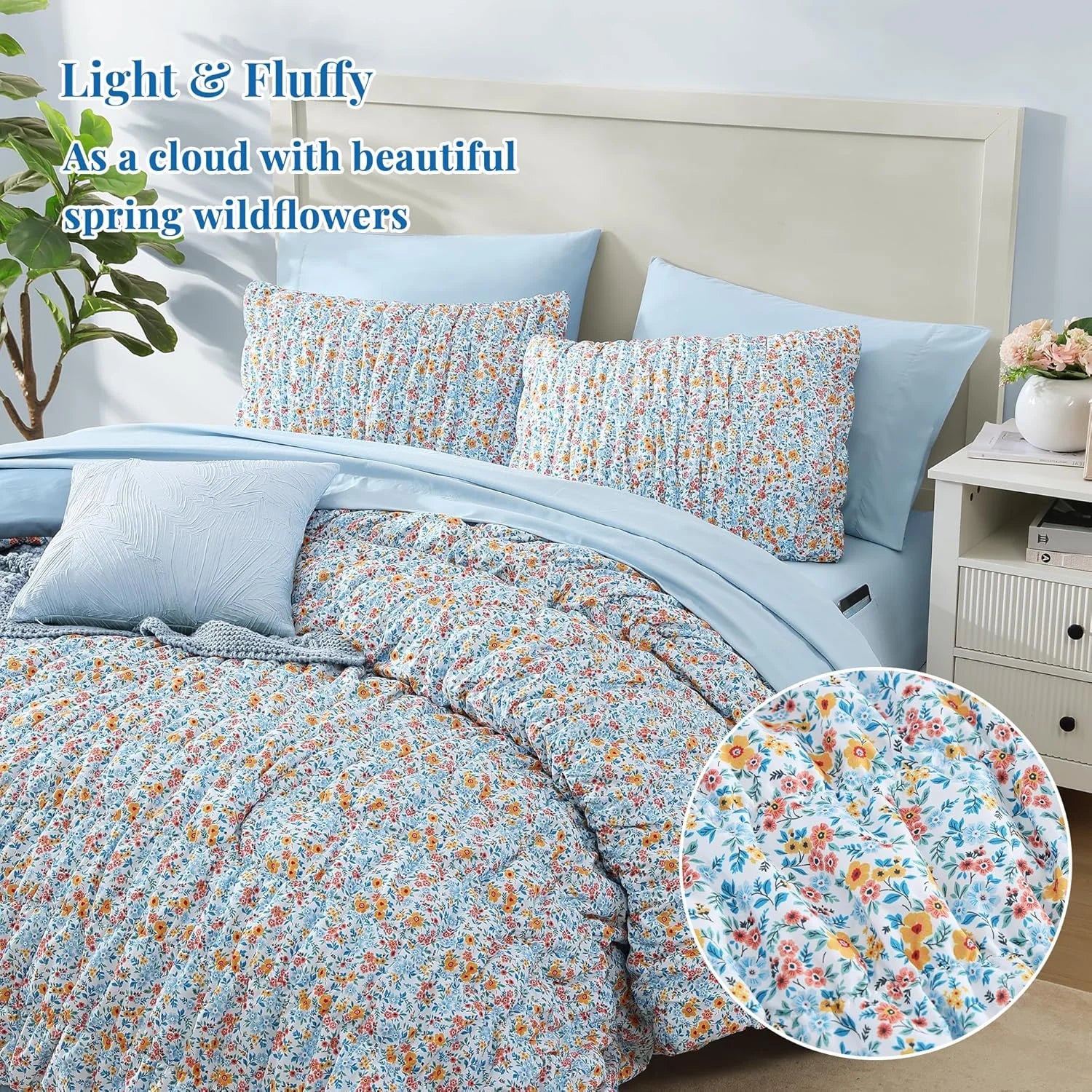 7 Pieces Blue Classic Puff Floral Bedding Sets for All Seasons, Shabby Chic Farmhouse Bed in a Bag Queen with Wildflowers Fluffy Comforter, Sheets, Pillowcases & Shams