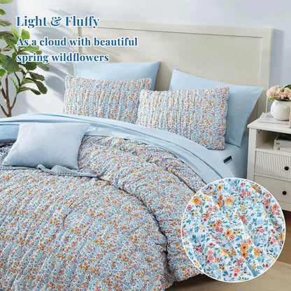 7 Pieces Blue Classic Puff Floral Bedding Sets for All Seasons, Shabby Chic Farmhouse Bed in a Bag Queen with Wildflowers Fluffy Comforter, Sheets, Pillowcases & Shams