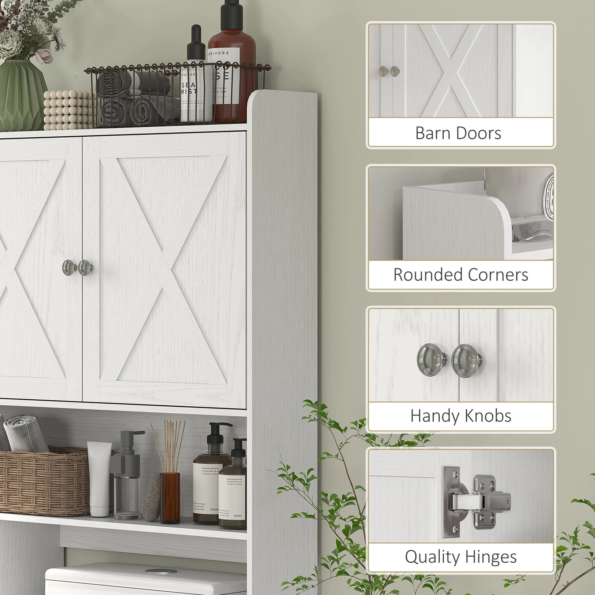 HOMCOM Over the Toilet Storage Cabinet, Farmhouse Above Toilet Bathroom Organizer with Barn Doors, Adjustable Shelf, Toilet Paper Holder, White