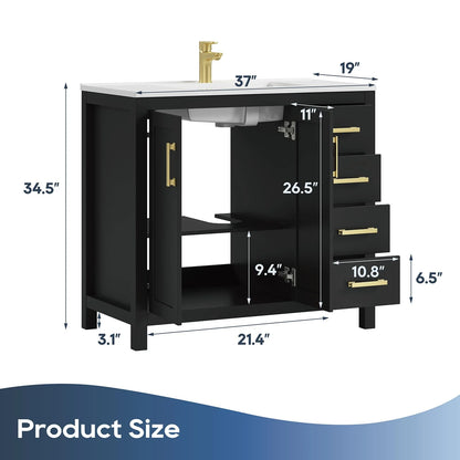 DELUXE LIVING 36 Inch Bathroom Vanity with Sink, Modern Black Bathroom Vanities with Adjustable Feets, 2 Soft-Closing Doors & 4 Drawers, Integral Sink