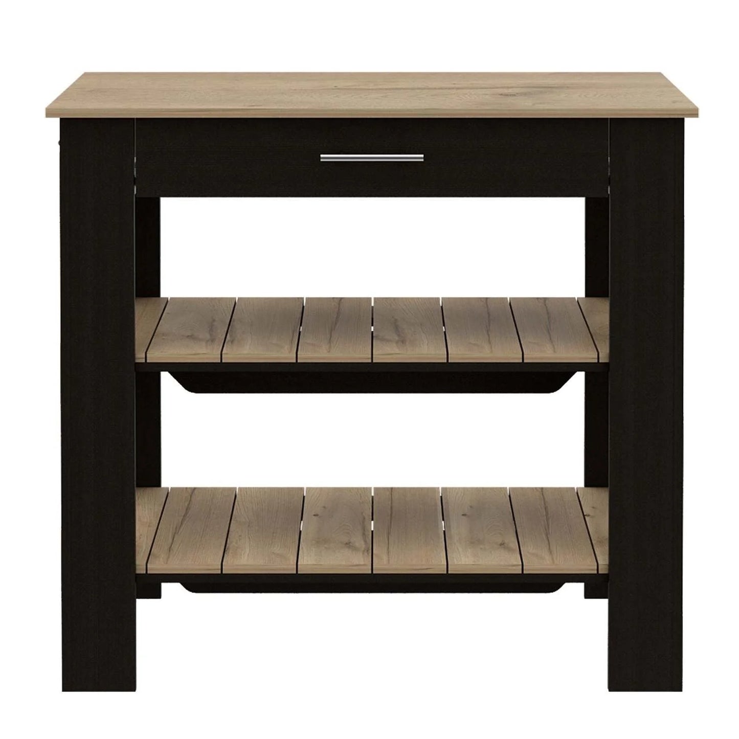 Depot E-Shop Delos 40 Kitchen Island with 2 Shelves, Drawer, 4 Legs, and Towel Rack, Black/Light Oak