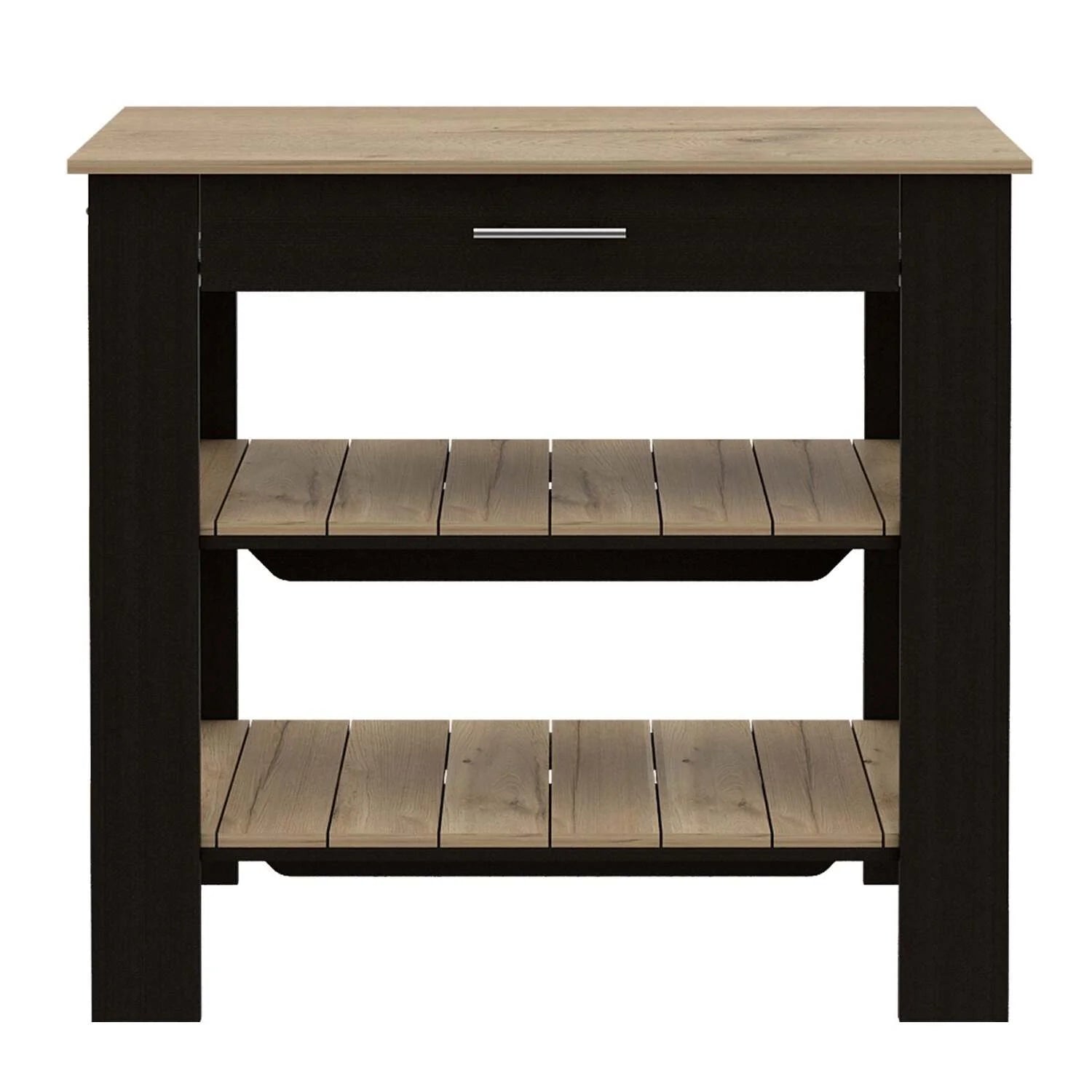 Depot E-Shop Delos 40 Kitchen Island with 2 Shelves, Drawer, 4 Legs, and Towel Rack, Black/Light Oak