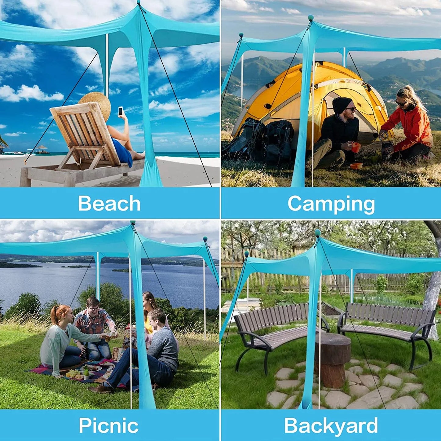 Beach Canopy Beach Tent 11X11 FT Include Beach Blanket Beach Shade Canopy UPF50+ Sun Protection Windproof Ropes 4 Poles Carry Bag Easy to Set Up for Outdoor Camping