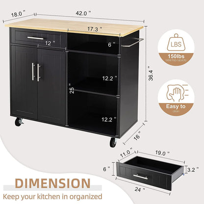 Sobaniilo Kitchen Island Cart with Storage,Rolling Kitchen Island Side Table on Wheels with Large Worktop,Storage Cabinet,Towel Rack and Drawers for Kitchen,Dinning Room,Black