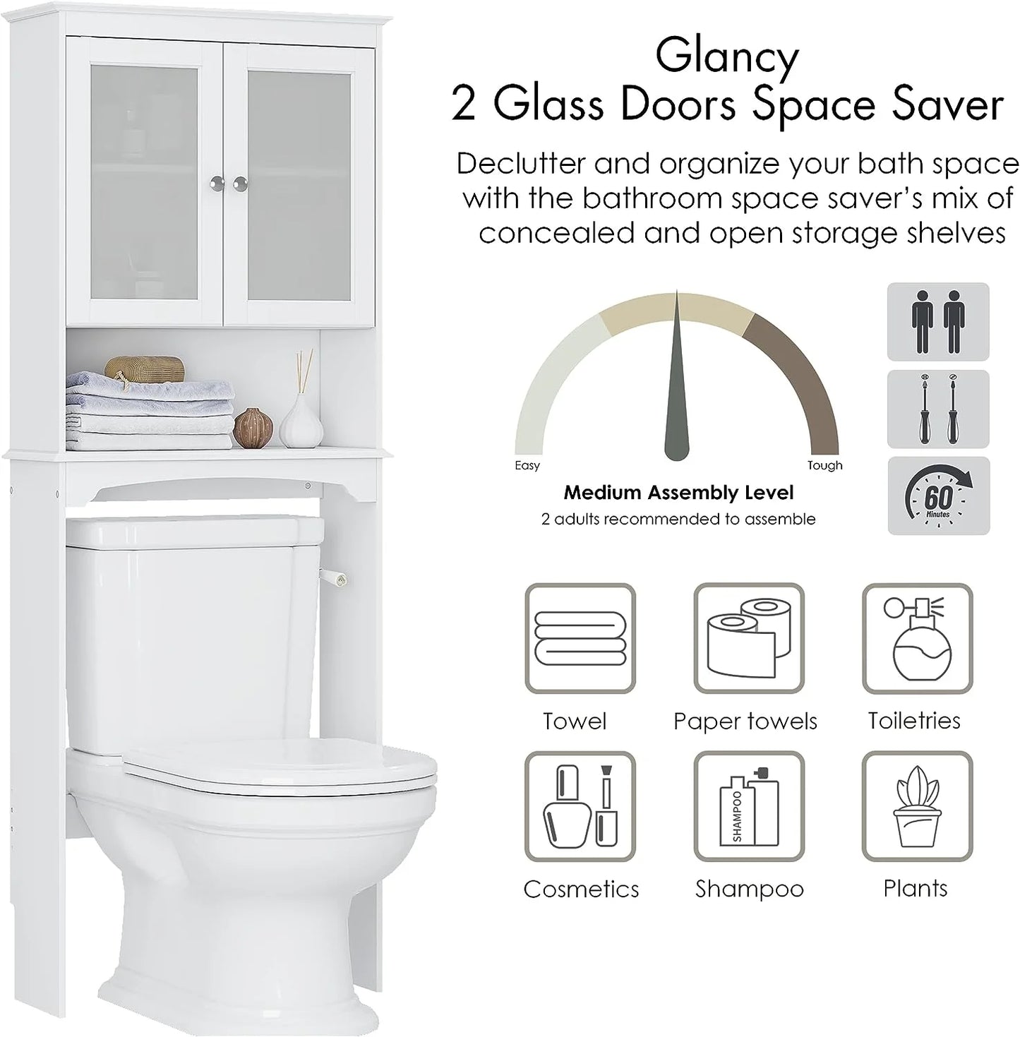 Spirich Over The Toilet Cabinet for Bathroom Storage, Above Toilet Storage Cabinet with Glass Doors, Over Toilet Storage Shelf Organizer, White