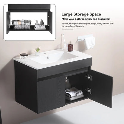30 Inch Modern Wall-Mounted Bathroom Sink Cabinet, Floating Bathroom Vanity with Storage and Two Soft Close Doors, Bathroom Vanity with Sink, Faucet Not Included,Solid Wood, Black.