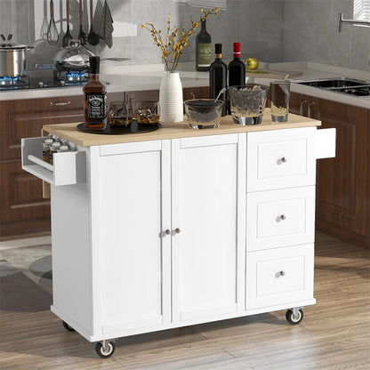 Kitchen Island Cart with Drop-Leaf Tabletop and Locking Wheels, 52.7" Large Kitchen Trolley Cart with 2 Door Cabinet and 3 Storage Drawers, Spice Rack Towel Rack, Rolling Kitchen Island Cart, White