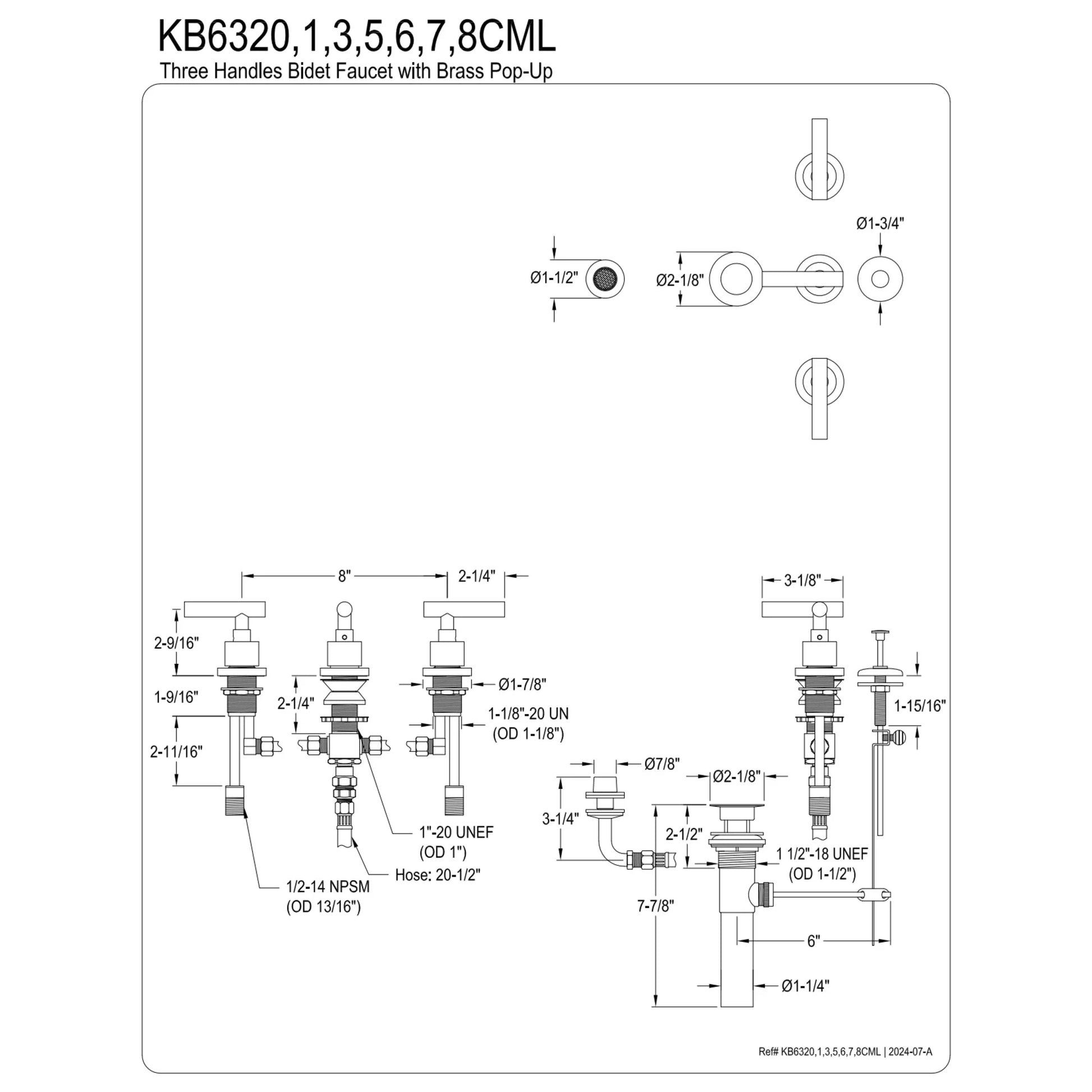 Kingston Brass KB6327CML Manhattan Three-Handle Bidet Faucet with Brass Pop-Up, Brushed Brass