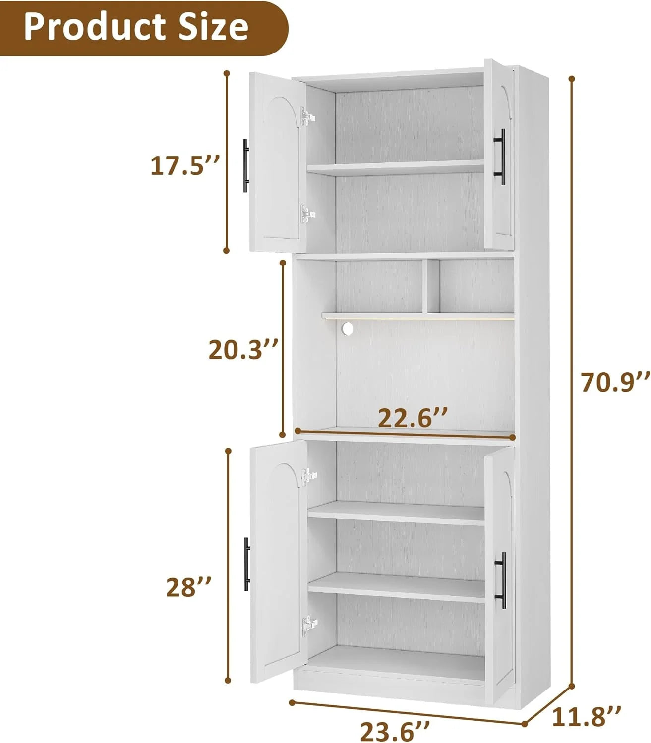 71° Tall Kitchen Pantry Storage Cabinet with Microwave Shelf and LED Light, Storage Cabinet with Door and Shelve, Hutch Cabinet with Storage for Dining Room, Living Room, Bathroom, White