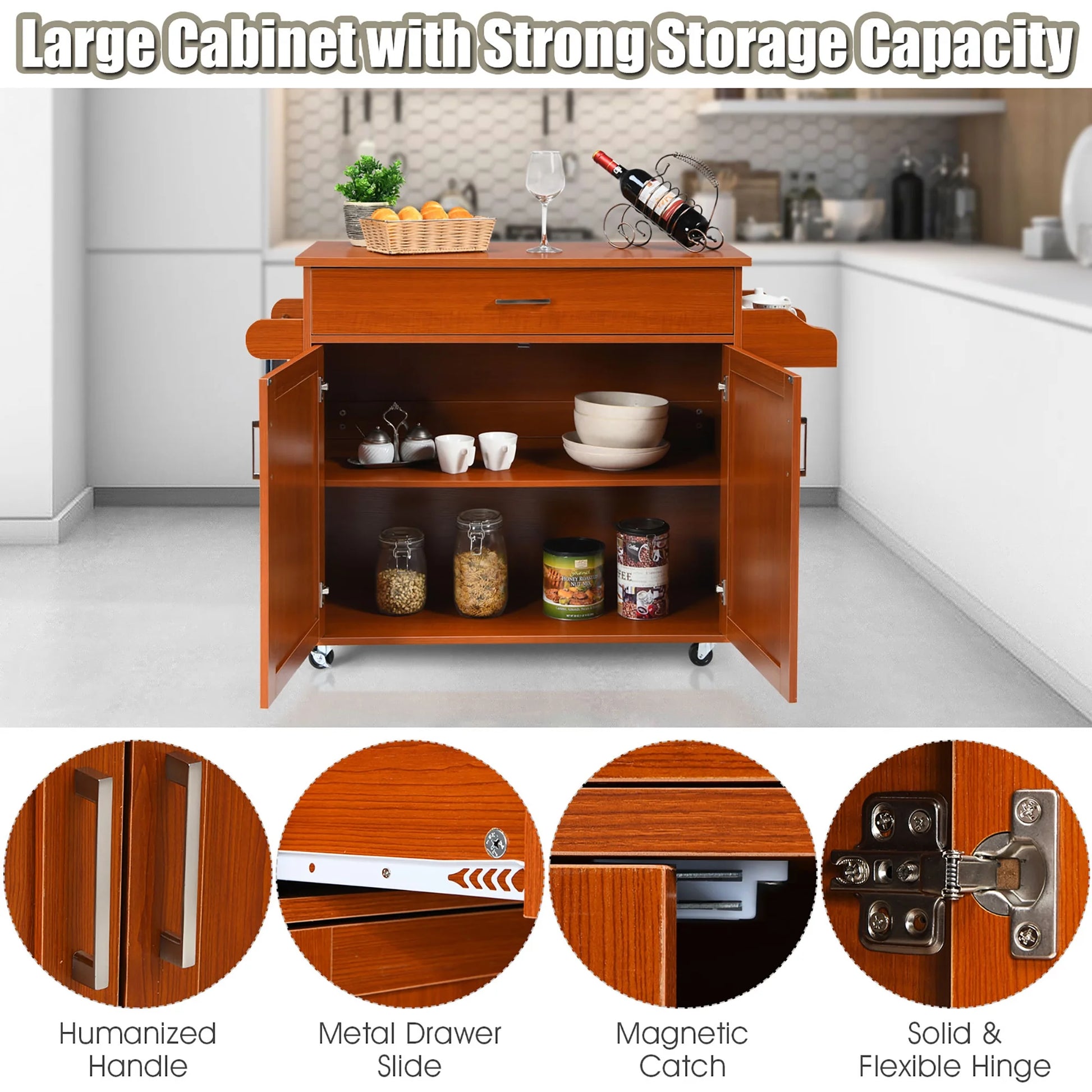 Costway Rolling Kitchen Island Cart Storage Cabinet w/Towel & Spice Rack Cherry