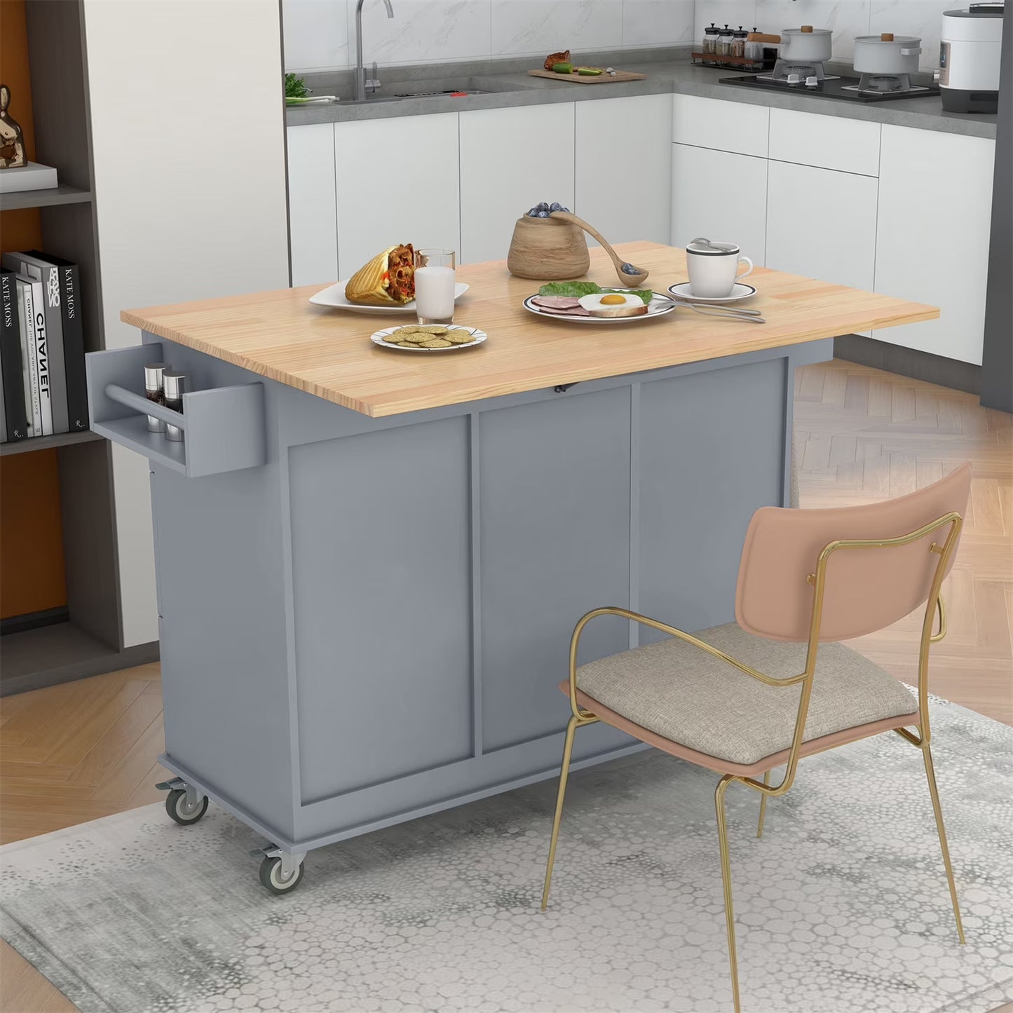 Kitchen Island Cart, Drop Leaf Kitchen Island on Wheels with Spice Rack, Towel Rack and 3 Drawers, Rolling Mobile Kitchen Island with Storage Cabinets and Solid Wood Top, White
