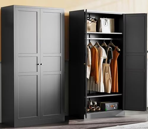 Metal Wardrobe Cabinet with Hanging Rod,Black Armoire Wardrobe Closet,Metal Clothing Storage Cabinet with Adjustable Shelves and Doors,72" Cloth Storage Cabinets for Home,Living/Laundry Room