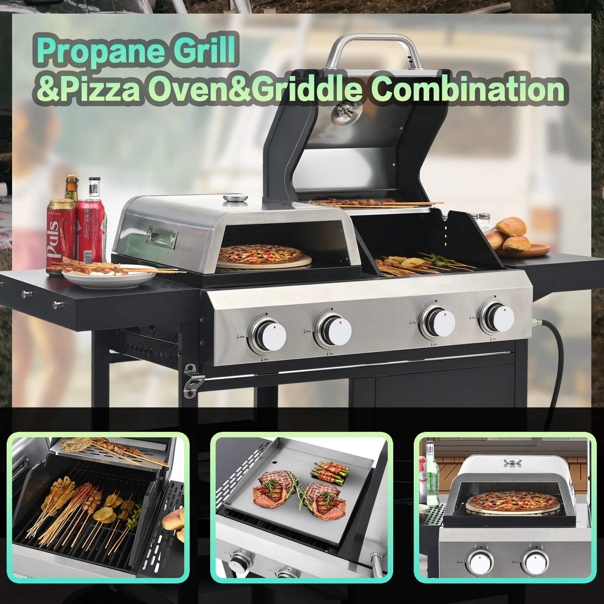 4-Burner BBQ Grill W/Side Burner, 50,000BTU Gas Propane Grill Portable with Storage Cabinet, Heavy-Duty Stainless Steel Outdoor Cooking, with Tank Hook, Towel Rack, Steel Brush