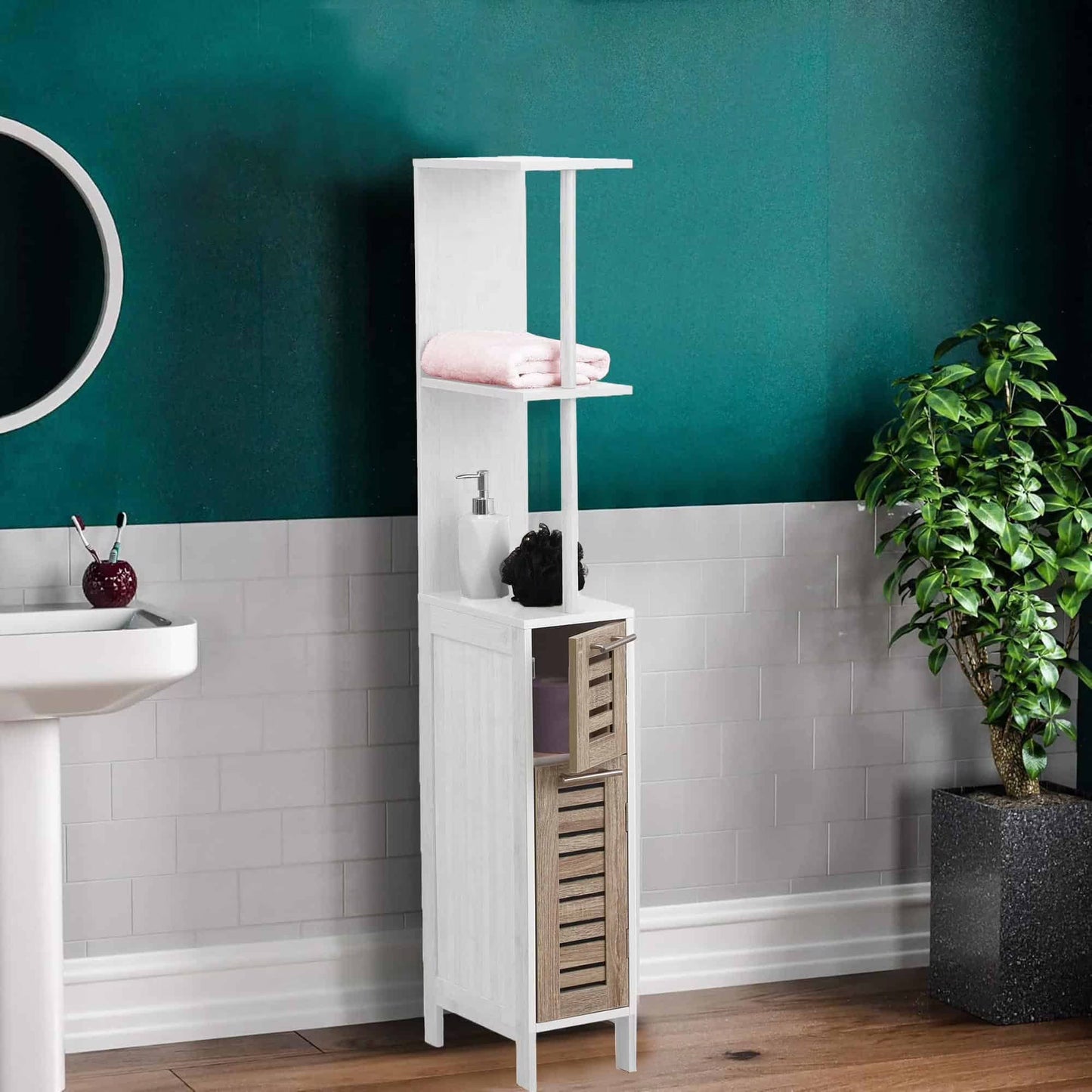 Tall Bathroom Storage Cabinet with Open Shelves and Vented Door, Slim Linen Cabinet for Compact Bathroom Organization, White and Oak Finish - Stockholm Collection