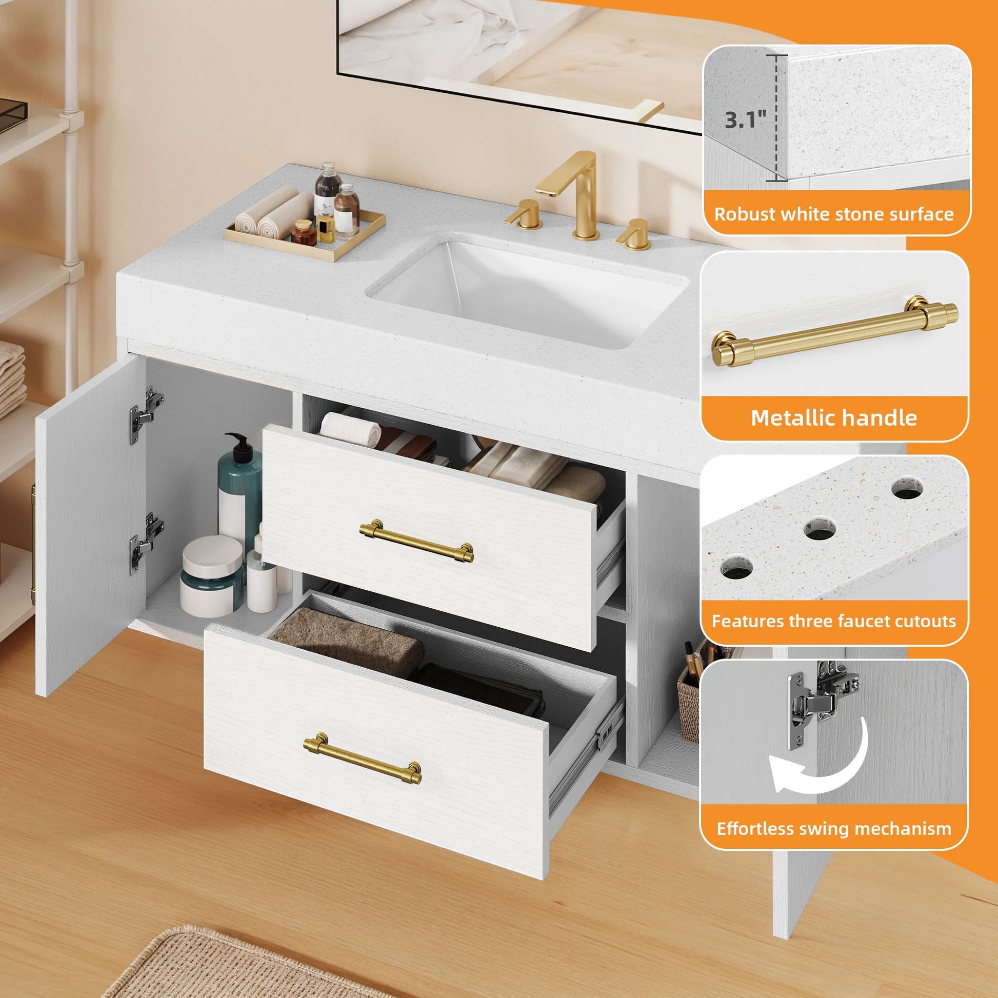 Craftian 48 inch Wall Mounted Bathroom Vanity 2 Doors & 2 Drawers, Floating Bathroom Cabinet, White