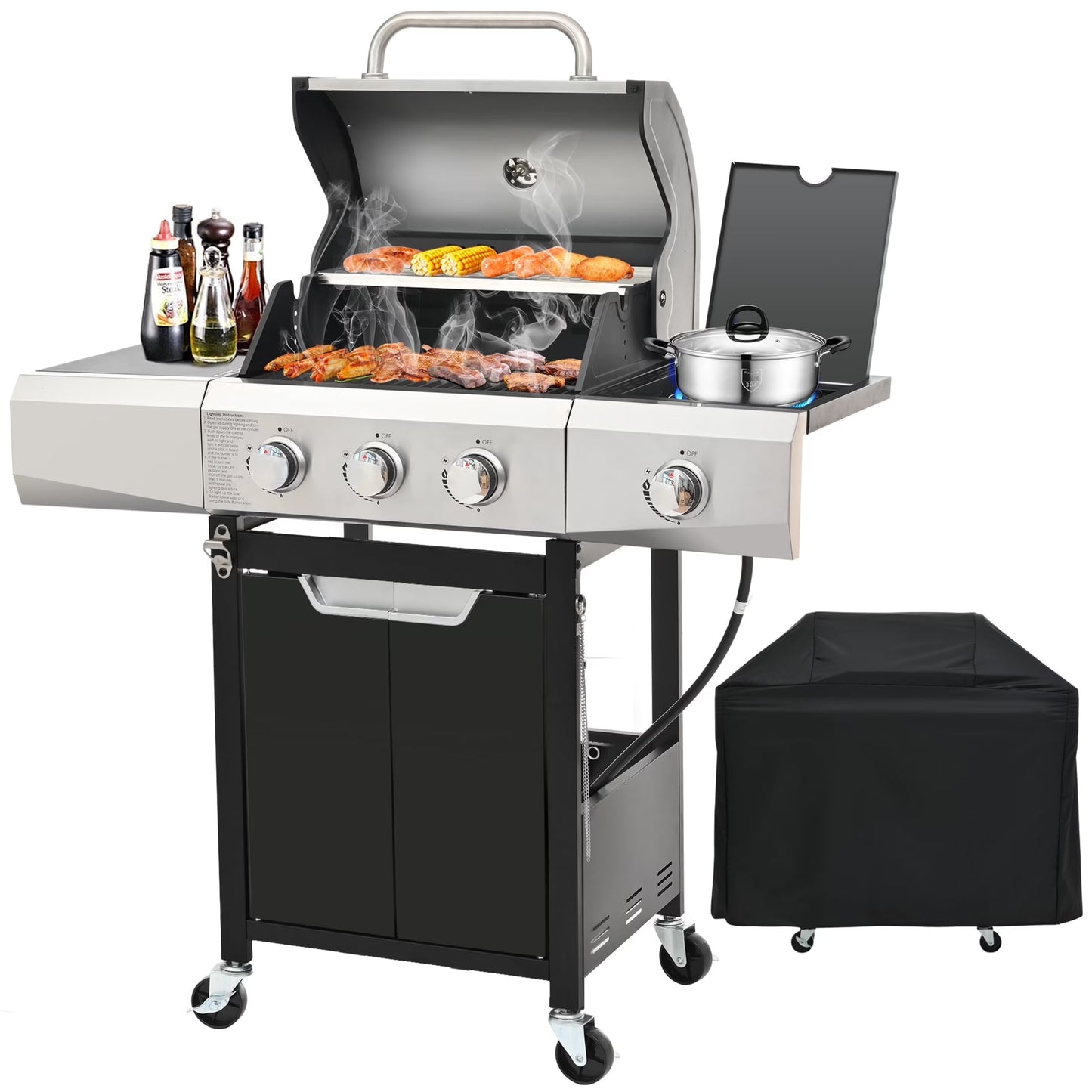 Segmart 4 Burner BBQ Propane Gas Grill with Side Burner, Stainless Steel 50,000 BTU Patio Barbecue Grill with Shelf, Gas Tank Hook, Towel Rack & Bottle Opener, Fits for Camping, Outdoor Cooking
