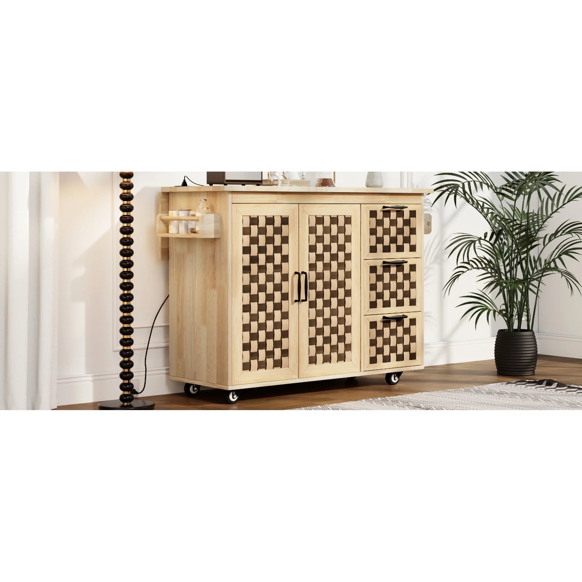 Natural Wood Kitchen Island With Woven Checkerboard Look, Adjustable Shelves, Rolling Feature, Towel Rack, Spice Power Plug 53.2"w Surface, Ample Storage, On Wheels, 2 Doors, 3 Drawers, Supply